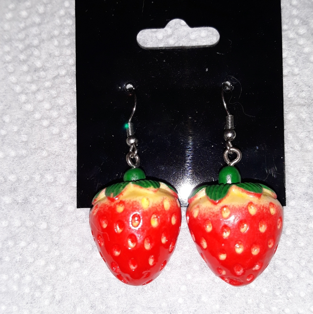 Strawberry Statement Earrings 3D Silver Hypoallergenic Earwires Handcrafted NEW